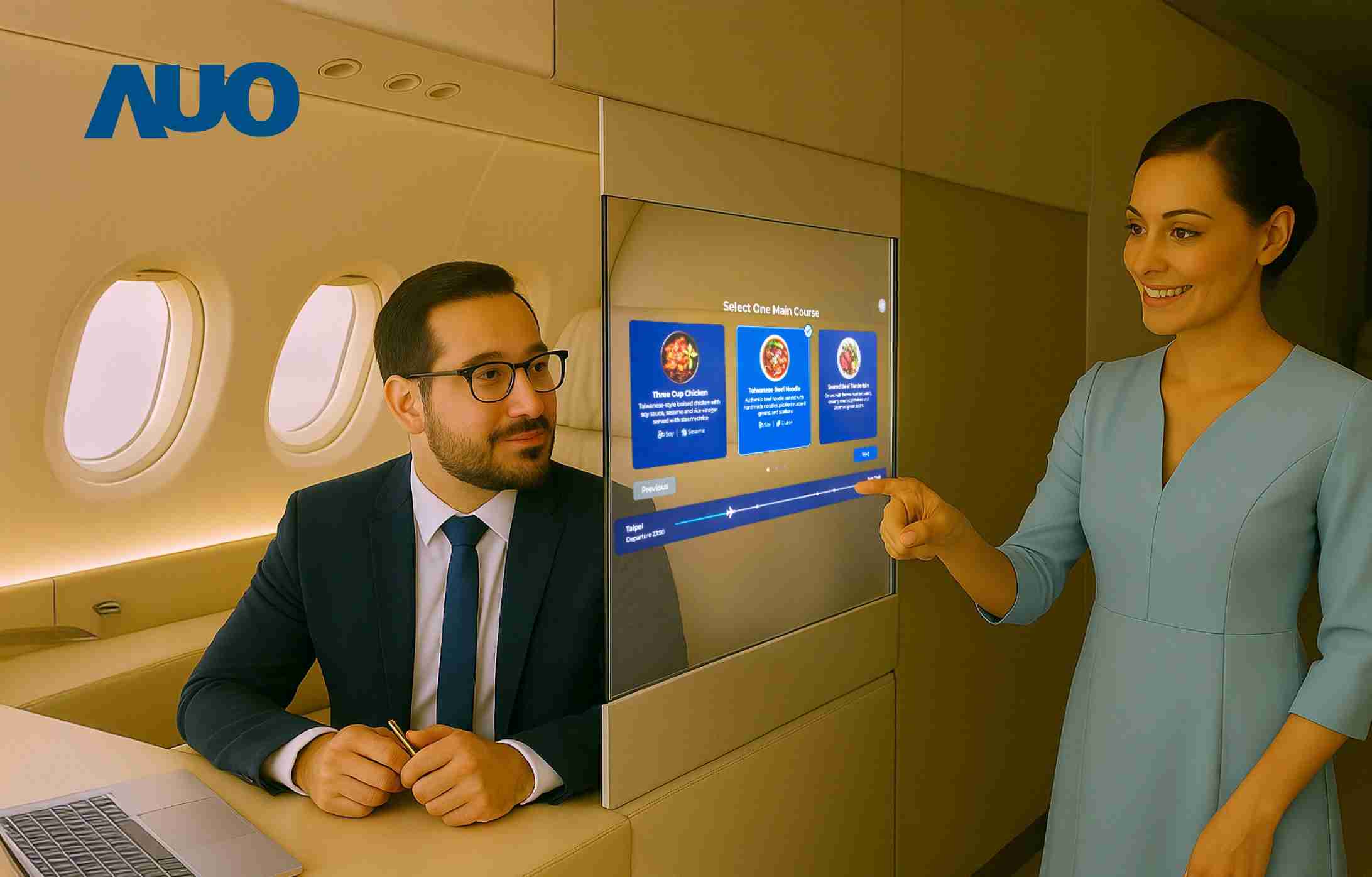 2121非凡研发全球最薄17.3 吋双面透明 Micro LED 显示器，，，，可在同一屏幕之双边投射不同信息，，创造独特的”透明化”互动；图为实时翻译交流应用情境